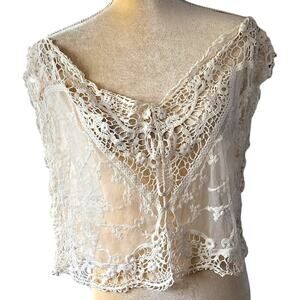 Malloy Crochet Lace Cream V-Neck Fairycore Bohemian Cover Up Shirt Size Small